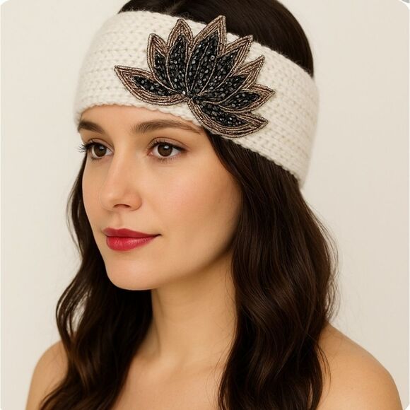 SALE White Cream Rhinestone Bling Knit Head Wrap Ski HeadBand - Picture 4 of 8